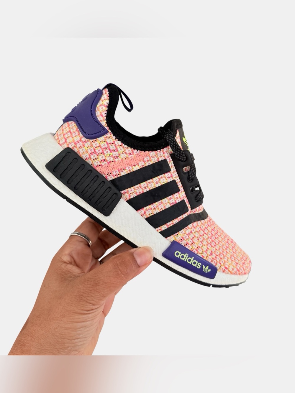 Adidas NMD R1 Solar Yellow Woven Sneakers with Purple Accents Size 5Y/ 6 Women - Picture 2 of 7